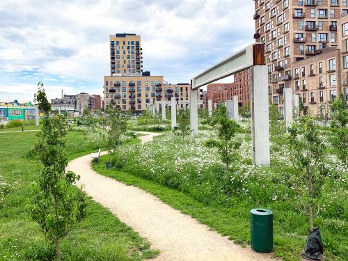 Walking path through meadows with small fruit trees